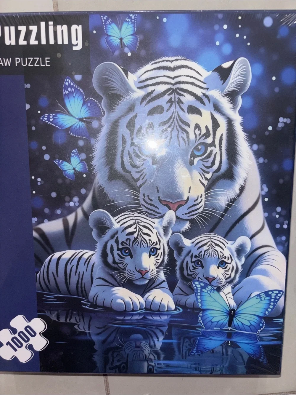 White Tiger Family Puzzle - Blue & White 1000-Piece Jigsaw🤍🤍🦁